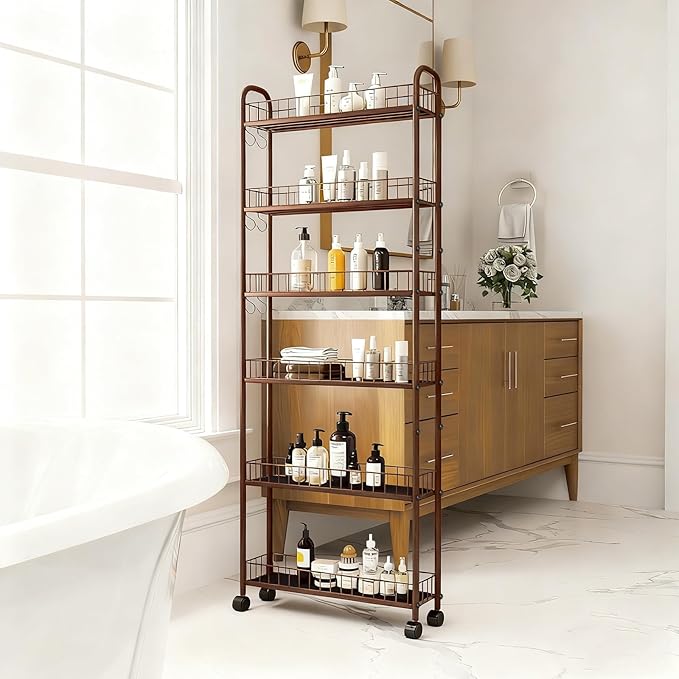 6in 6-Tier Slim Storage Cart with Wheels, Narrow Rolling Shelf,Sturdy Slim Storage Ideal for Kitchen, Bathroom, and Laundry Room (Champagne Gold)