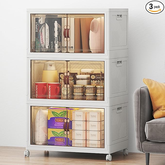 Extra Large Stackable Storage Bins, 48QT*3 Tier Storage Bins with Lids, Folding Storage box with Doors and Wheels, Collapsible Plastic Drawers for Home, Garage, Office (3, White, Medium)