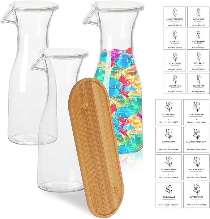 Liquid Laundry Detergent Dispenser with Tray, 20oz Laundry Soap Dispenser, Plastic Refillable Laundry Detergent Container Organizer for Laundry Room Organization with 16 Waterproof Labels, 3 Pack