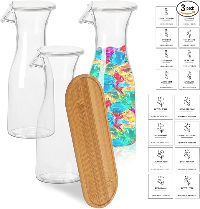 Liquid Laundry Detergent Dispenser with Tray, 20oz Laundry Soap Dispenser, Plastic Refillable Laundry Detergent Container Organizer for Laundry Room Organization with 16 Waterproof Labels, 3 Pack
