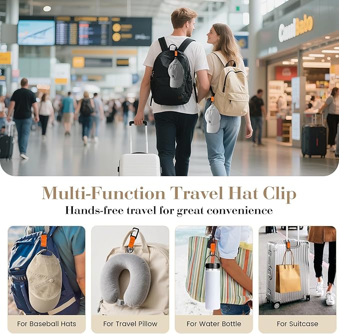 Niveaya Hat Clip for Travel - 2PCS, Stylish Hat Clip for Baseball Cap & Snapback Trucker Ponytail Hat, Sturdy Carabiner with Double Lock for Backpack Luggage Bag, Outdoor Vacation Cruise Essentials