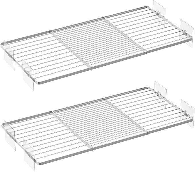 SANNO Tension Shelf Organizer for Closet, Adjustable 17-31" with Heavy-Duty Adhesive - DIY Expandable Shelf Dividers for Cabinet, Pantry, Wardrobe, Kitchen, 2 Pack