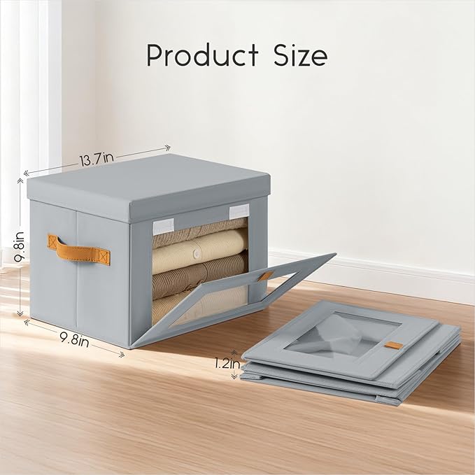 Small Fabric Storage bins - Collapsible Storage Bins with Open Window, 4 Pack Closet Baskets for Shelves, Stackable Decorative Boxes for Home, Dorm, Grey, 13.7"x 9.8" x 9.8"