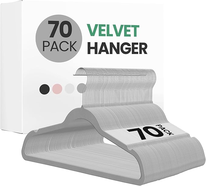 InfiniPower 70 Pack Velvet Hangers, Heavy Duty Clothes Hanger for Coat, Pants & Dress, Non-Slip Hanger Set with Shoulder Notches, 360° Swivel Hook, Space Saving Felt Hangers, Grey