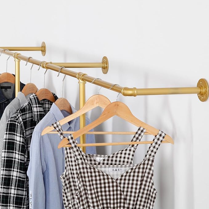 Industrial Pipe Clothing Rack Wall Mounted,Wall Mounted Clothes Rack,Five Bases, Strong Load Bearing Capacity, Space Saving, Suitable for Clothes Display and Storage (80.7, Gold)