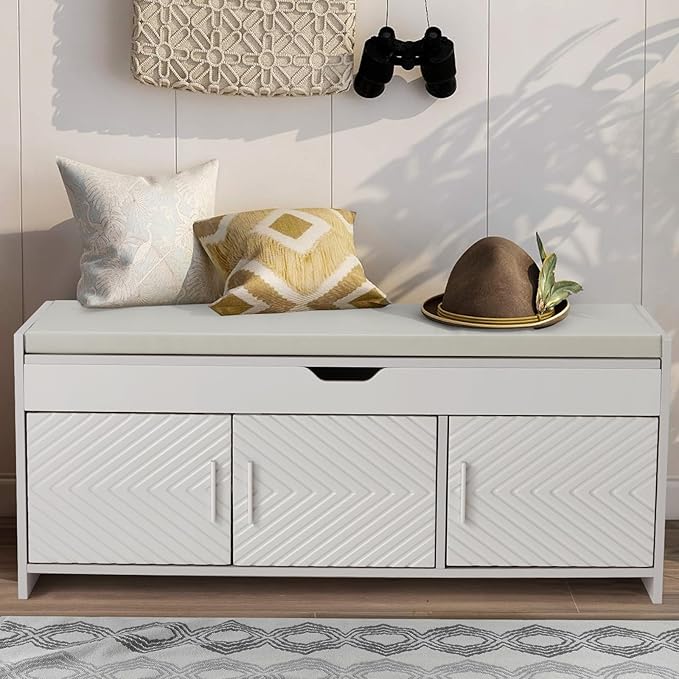 ECOTOUGE Storage Bench, Shoe Bench with Lift Top Storage, Wooden Entryway Bench with Cushioned Seat, Adjustable Shelf for Living Room, Bedroom, Hallway, Light Grey