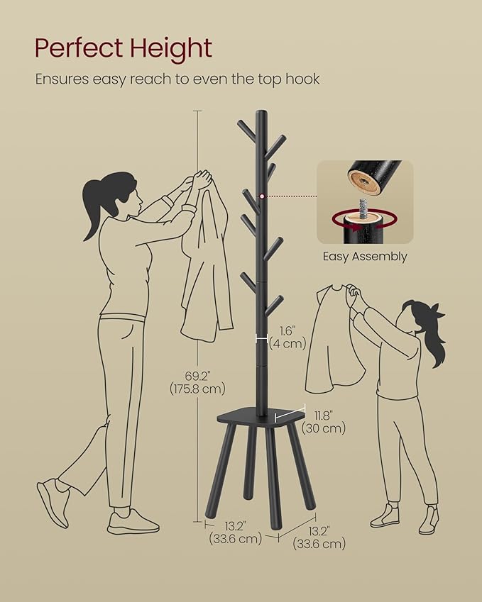 VASAGLE Coat Rack, Free Standing Coat Stand, Hall Coat Tree with 8 Hooks and Storage Shelf, 69.2 Inch Tall, for Coats, Hats, Bags, for Entryway, Hallway, Bedroom, Ink Black URCR033B01