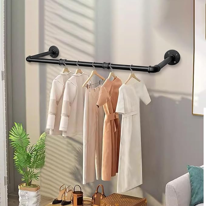 Industrial Iron Pipe Clothes Hanging Bar DIY Wall-Mounted Garment Rack Heavy Duty Clothing Rack for Bedroom, Laundry Room, Closet Storage (Black 36 inch)