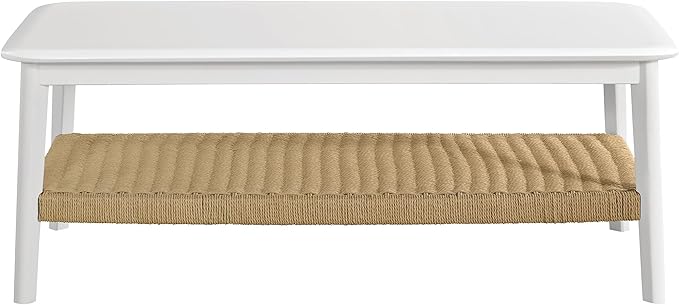 Alaterre Furniture Calais Modern Coffee Table for Living Room - 48 Inch 2-Tier Wooden Rectangular Living Room Table with Woven Storage Shelf - Mid Century Modern Furniture (White)