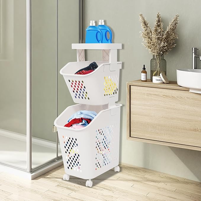 2 Tiers Rolling Laundry Hamper, White Plastic Laundry Basket Holder with Wheels, Vertical Laundry Hamper Sorter Cart, Rolling Clothes Hamper Organizer for Bathrooms Bedrooms