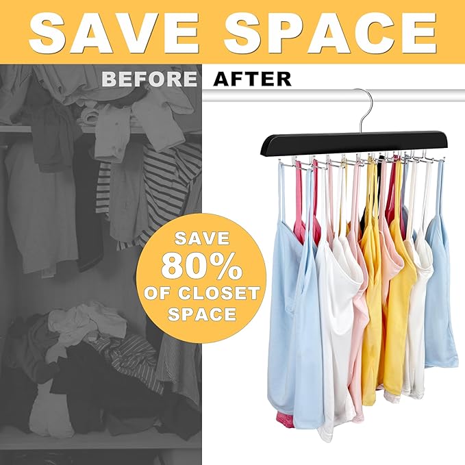 Tank Top Hanger with Premium Wood, 24 Large Capacity, Space Saving,360 Degree Rotating, Foldable Metal Hooks, Tank Tops