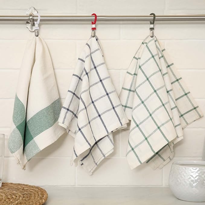 uxcell 8 Pcs Tea Towel Clips with Cotton Loop for Hanging, 4.3 Inch Metal Towel Hooks Multipurpose Cloth Hangers for Home Kitchen Bathroom, Green