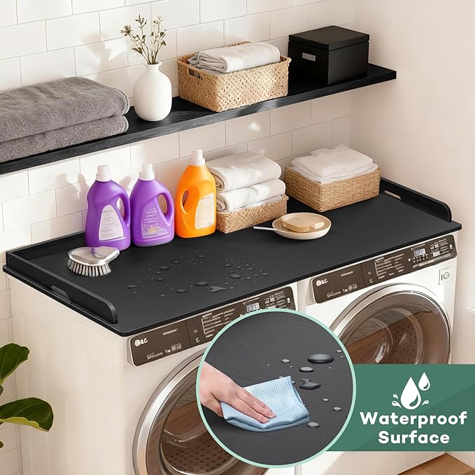 Washer Dryer Countertop 54 x 27.5 MDF Laundry Countertop Topper with Raised Edge, No Install Waterproof Non Slip Washer Dryer Top, Fits Front Load Machines, 200 lb Capacity, Black