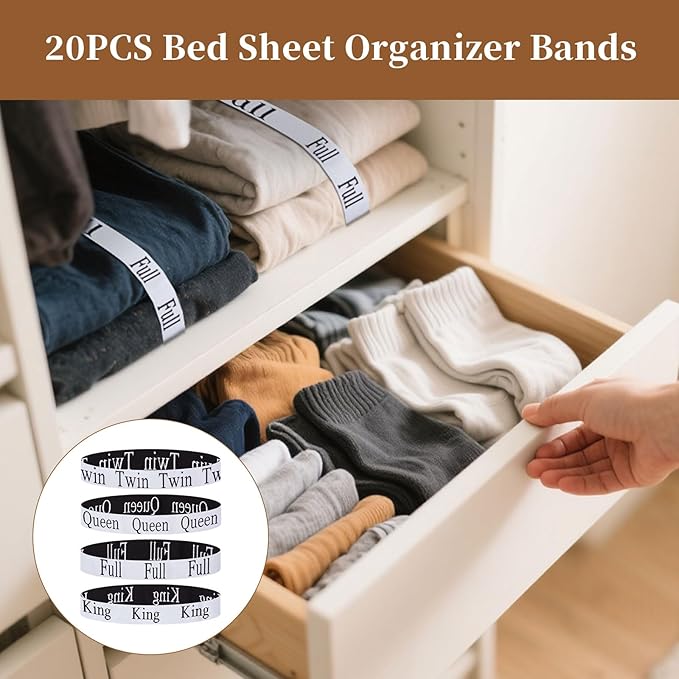 20PCS Bed Sheet Organizer Bands, Storage Labels and Sheet Keepers for Linen Closet - Elastic Bedding Straps for Foldable Bedsheet, Pillow Case, Duvet