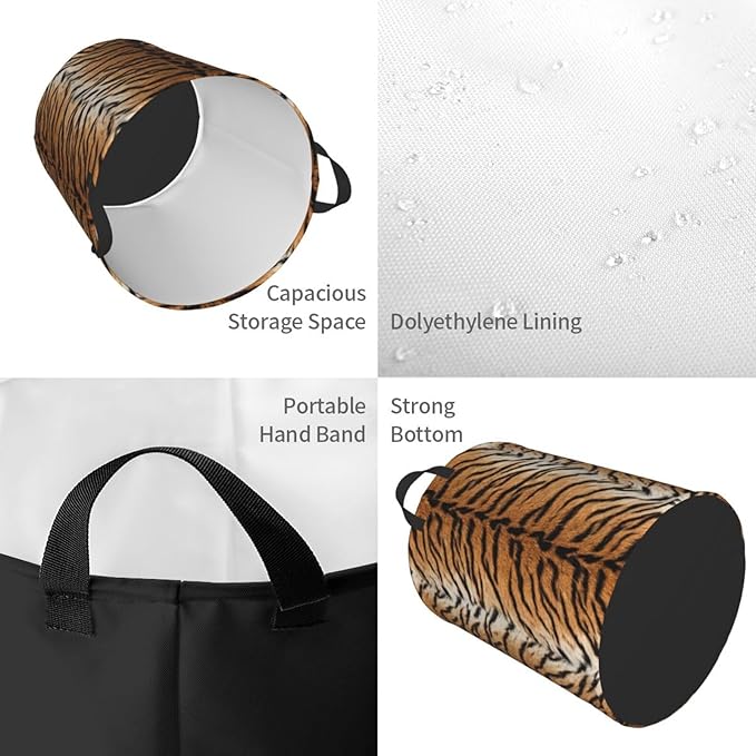 Tiger Animal Texture Round Laundry Hamper Storage Basket Toys Clothes Organizer Bin For Home Bathroom Bedroom Dorm Nursery, 62l