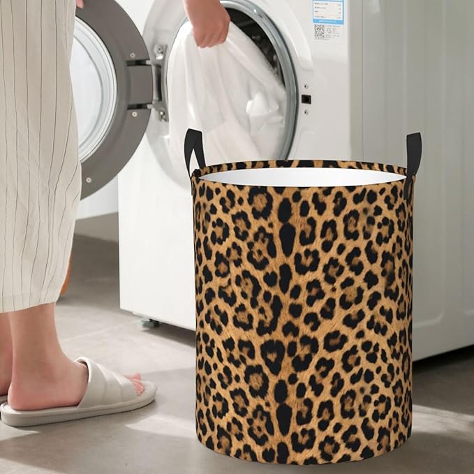 Leopard Cheetah Round Laundry Hamper Wildlife Fur Print Storage Basket Toys Clothes Organizer Bin For Home Bathroom Bedroom Dorm Nursery, 62l