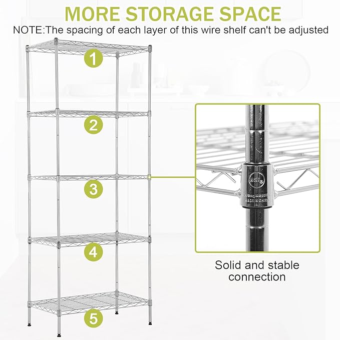 Storage Shelves Heavy Duty Metal Shelving Unit with Leveling Feet, 5 Tier Adjustable Garage Storage Rack, 750 LBS, Utility Metal Shelves for Pantry Kitchen Office (Chrome, 24" L x 14" W x60" H)
