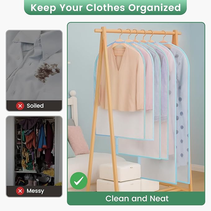 6 Pack Garment Bags for Hanging Clothes - Translucent Suit Bag for Closet Storage, Clothes Cover for Hanging Shirts, Dresses, Travel, Moving - Green