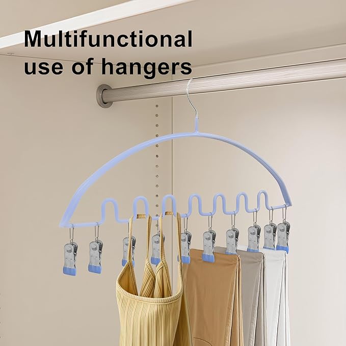Legging Organizer for Closet,Metal Wave Design Pants Hanger with 10 Clips 7 Hooks, Closet Storage for Pants, Skirts, Hats (Blue, 2Pack)