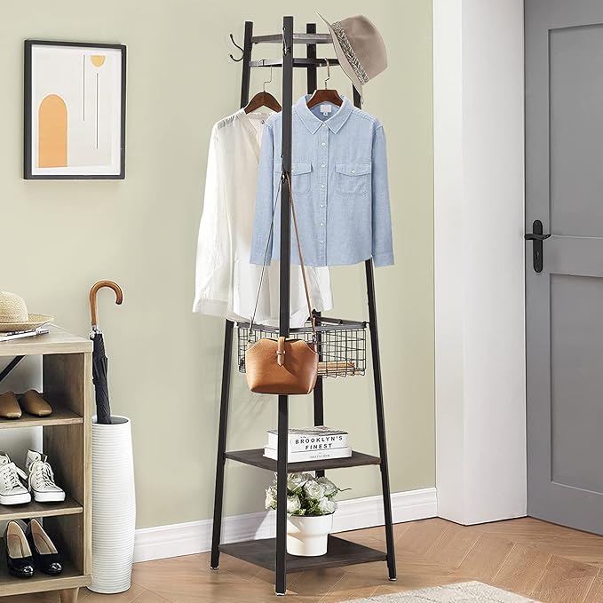 VECELO Coat Rack Freestanding, Entryway Clothes Stand with Metal Basket and 2 Shelves, Upgrade Hall Trees with 8 Dual Hooks for Bags, Hats, and Umbrellas, Industrial Styles, Vintage Brown+ Black