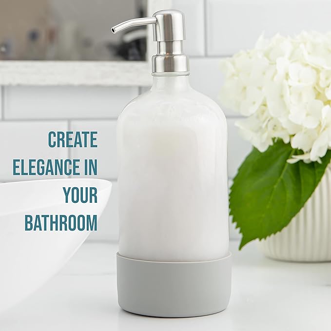 32 oz Glass Pump Bottle Rustproof Stainless Steel Pump, Funnel, and Lids. Modern Farmhouse Vintage Jar, Large Glass Shampoo Bottles with Pump and Laundry Soap Dispenser - Silver