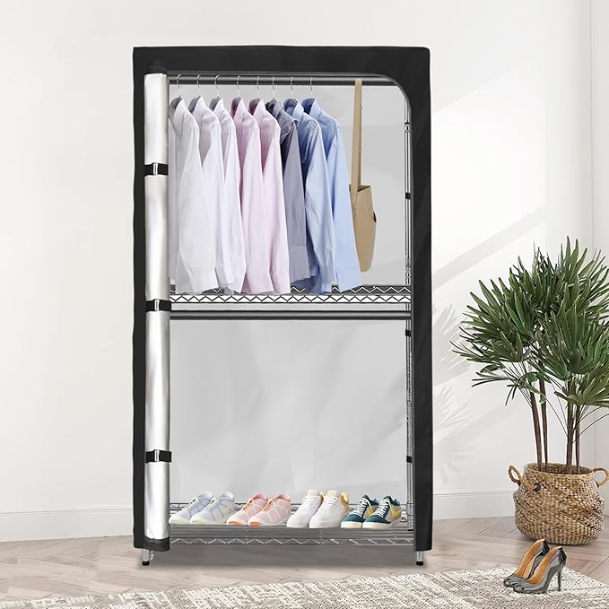 Rileytee Garment Rack Cover,600D Heavy Duty Waterproof Clothing Rack Cover,Clothes Rack Cover with Zipper for Metal Garment Rack(Black,46"W x 18"D x 80"H,Cover Only）