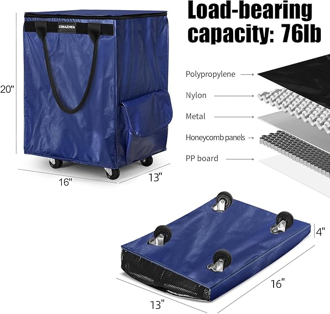 (Medium,Blue) Reusable Grocery Bag on Wheels, Foldable Rolling Tote Bag with 3 Handles and Zipper, Storage Organizer for Clothes & Groceries, Rolling Shopping Cart for Trips, 76lb