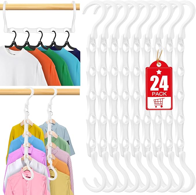 24 Pack Hangers Space Saving Magic Plastic Hanger Organizer Shirt Space Saving Hangers, Multi Clothes Hangers Space Saver for Closet Organizers Storage College Dorm Room Essentials, White