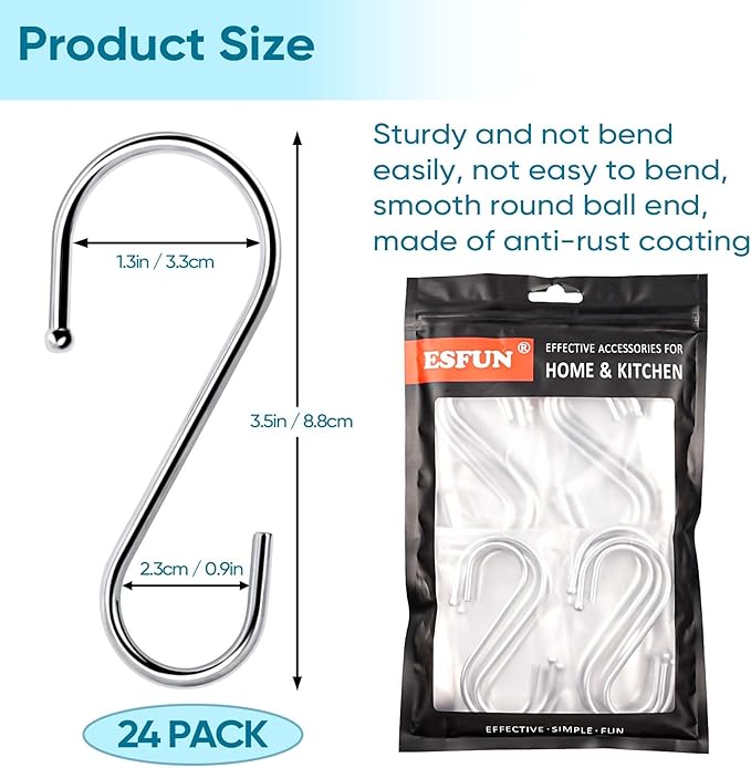 24 Pack S Hooks for Hanging, 3.5 inch Metal S Shaped Hook Heavy Duty Hanging Hooks for Pot Rack, Pans Plant, Towels, Jeans, Closet, Clothes, Hats, Cups in Kitchen, Bathroom, Bedroom and Office