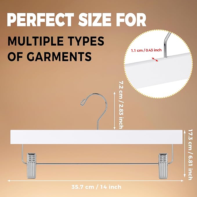 Quality Hangers Wooden Pants Hangers - 10-Pack Swivel Hook Cloth Hanger Set - Lotus Wood Skirt, Pant, Shorts and Slack Hangers with Adjustable Clip – White Clothing Hanger (White, 10)