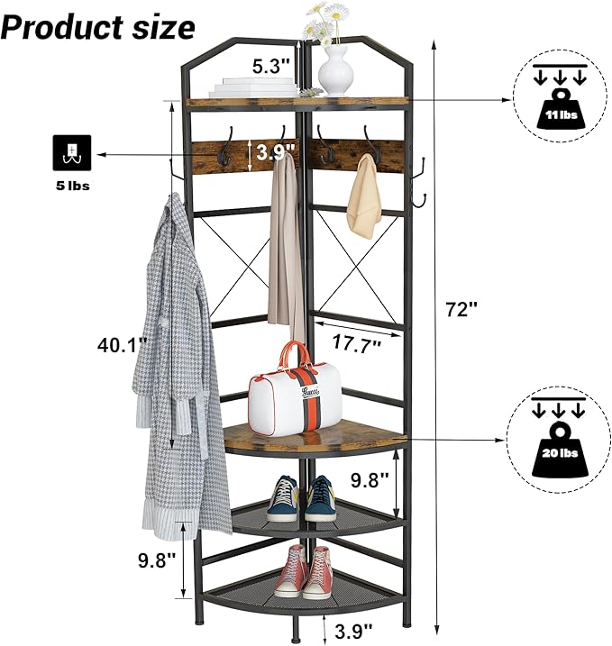 Lamerge Conner Coat Rack with Storage, Multifunctional Entryway Shelf Organizer with 12 Hooks & 4-tier Shelves, 72" Industrial Hall Tree Freestanding Clothes Rack for Living Room Bedroom, Brown