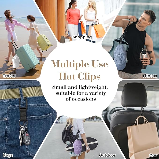 Niveaya Hat Clip for Travel - 2PCS, Stylish Hat Clip for Baseball Cap & Snapback Trucker Ponytail Hat, Sturdy Carabiner with Double Lock for Backpack Luggage Bag, Outdoor Vacation Cruise Essentials