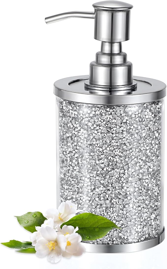 Sumnacon Soap Dispenser Bathroom Sparkling Hand Dispenser with Stainless Pump,Silver Crushed Diamond Dish Soap Dispenser for Kitchen Decorative Soap Dispensers for Kichen Sink Bathroom Countertop