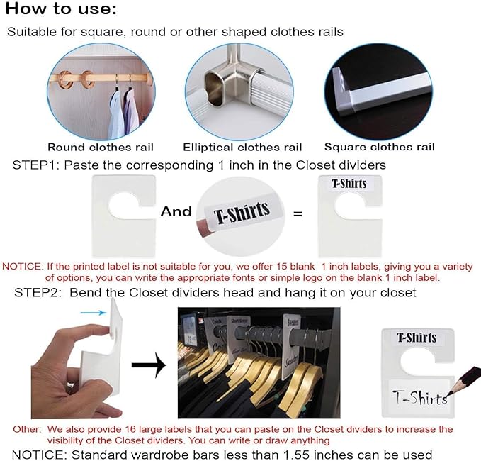 20 Pack White Clothing Rack Size Dividers Plus 90 Labels (1 Inch) and 20 Large Blank Labels, Large Rectangular Clothing Closet Dividers (Pearl White)