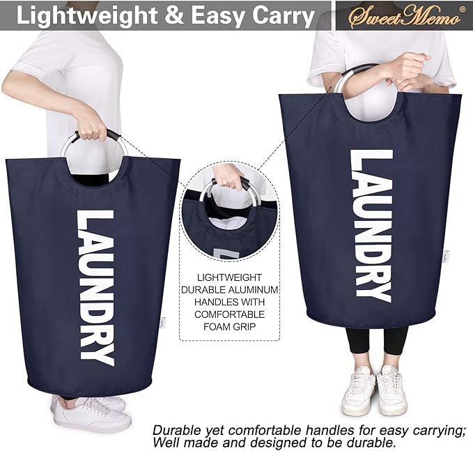 Large Laundry Basket Collapsible，Freestanding Clothes Hamper Bag with Handles – Tall Folding Dirty Laundry Bin，Sturdy Laundry Sorter for College Dorm，Laundry Room – 130L (Navy Blue)