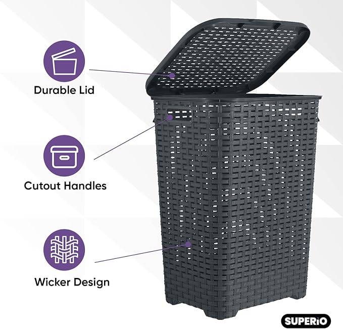 Plastic Laundry Hamper with Lid Laundry Hamper Basket, Grey Tall Cloths Hamper Organizer with Cut-out Handles. Space Saving for Laundry Room Bedroom Bathroom, Wicker Design 60 Liter