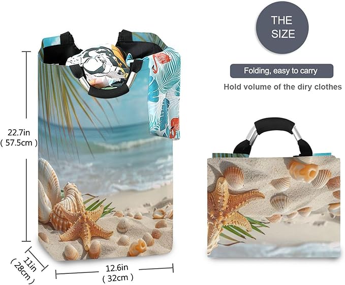 xigua Sunny Beach Scene Large Laundry Hamper with Handle, Foldable Clothes Hamper Collapsible Storage Basket for Toys and Clothes Organization in Bedroom, Bathroom, and Laundry Room