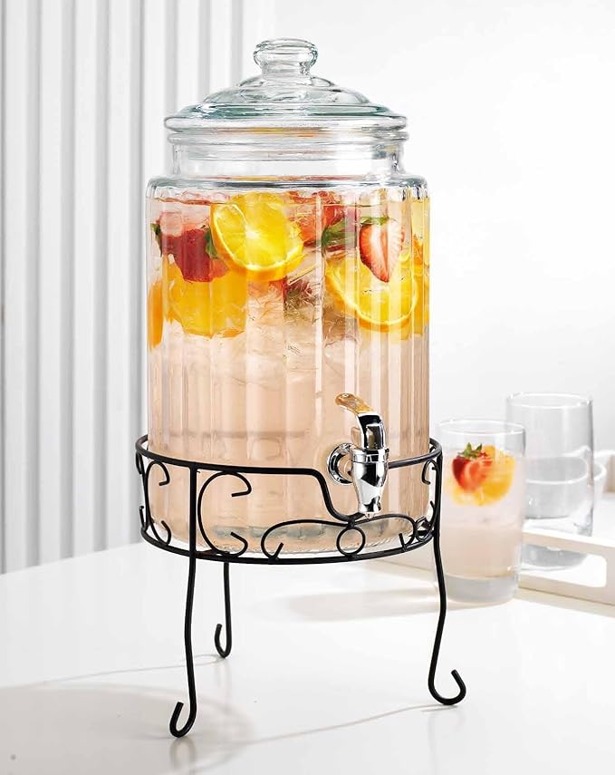 MosJos 2 PACK 1.5 Gallon Drink dispenser, Glass Beverage Dispenser With Elegant Stand Stand, Drink Dispensers for Parties With Spigot 100% Leakproof. Perfect For Parties And Daily Use
