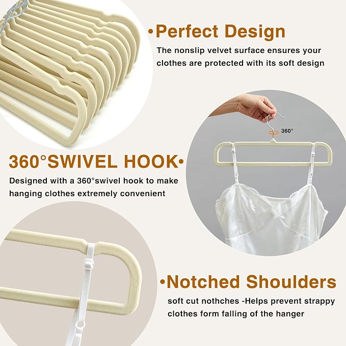 60sets/120pcs Velvet Pants Hangers Non Slip Beige Felt Hangers with 60 Cascading Hooks, Space Saving 360 Degree Swivel Hook Closet Organizer for Jeans, Trousers, Leggings, Tank Top, Shorts and Skirts