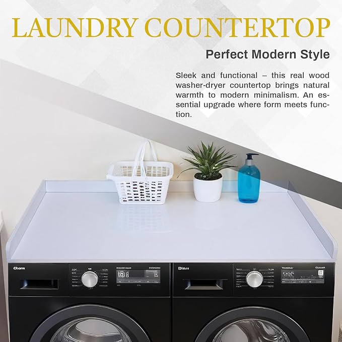 Washer Dryer Countertop Cover 54x27.5 Inch - Wood Laundry Table Top Organizer for Washing Machine & Dryer Set with Protective Edge, Heavy Duty Shelf (White)