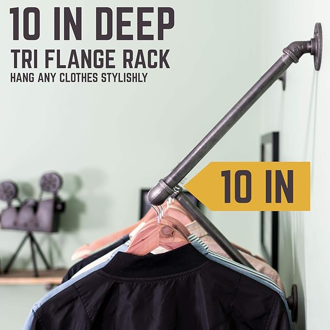PIPE DECOR Industrial Pipe Wall Mounted Clothing Rack, Commercial or Residential Wardrobe Clothes Display, Heavy Duty Rustic Vintage Steel Grey Black Metal Garment Bracket Frame, Tri Flange Style