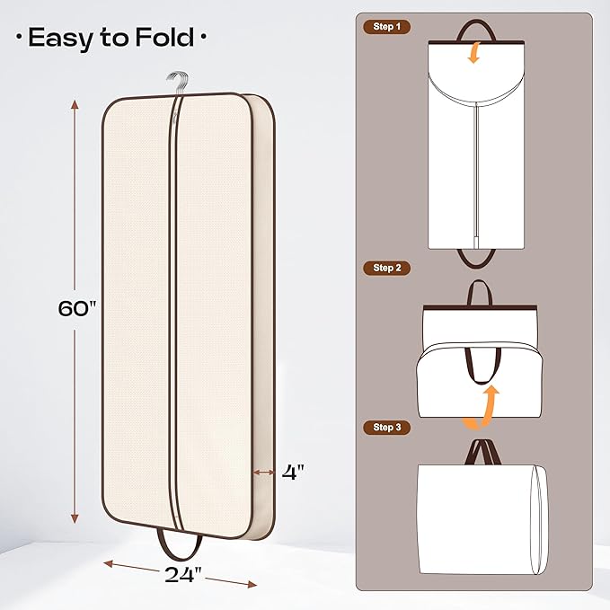 MISSLO 60" Foldable Garment Bags for Travel for Women Dress Bags for Gowns Long Hanging Bag for Closet Storage Dress Protector Bag for Gowns, Suits, Coats, Beige