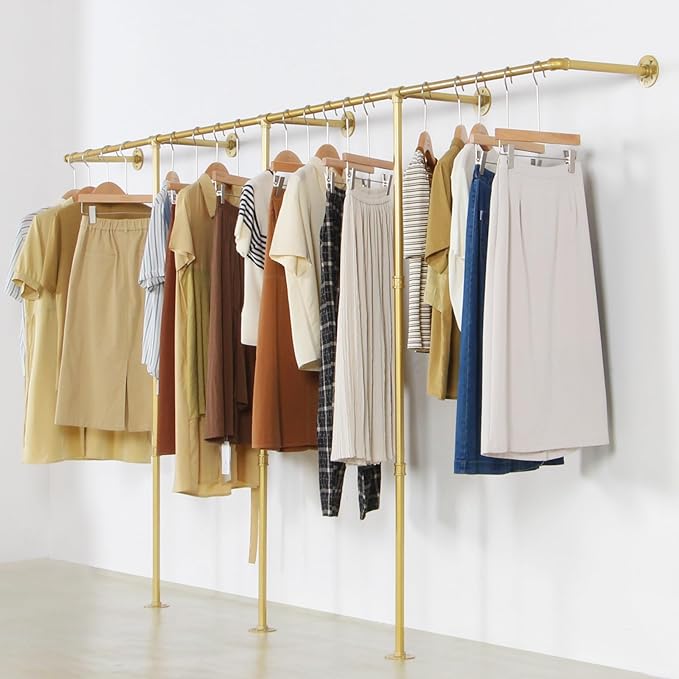 Gold pipe clothing rack for Hanging Clothes rack with 3 T-Bar Design,Nano Gold Finish, Heavy Duty industrial clothing rack wall mounted,Retail Display Rack Closet Storage Clothes Organizer