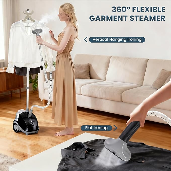 DUMOS Garment Steamer for Clothes Standing, 1500W Efficient Clothes Steamer Standing, 1.7L Water Tank for 55 Min Continuous Steaming with Wheels, Professional Fast Heating Wrinkle Remover