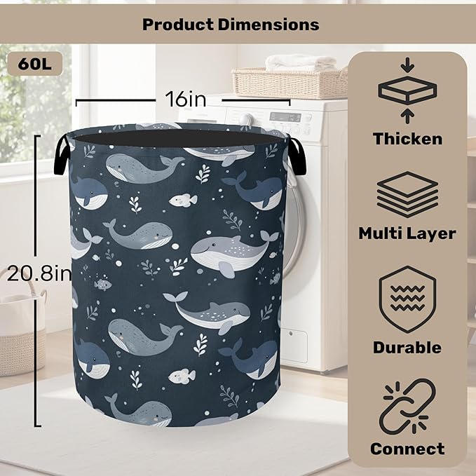 Cute Whale Marine Animals Foldable Canvas Laundry Basket with Handles - Toy Organizer, Heavy Duty for Home，Bedroom, Dorm, Bathroom