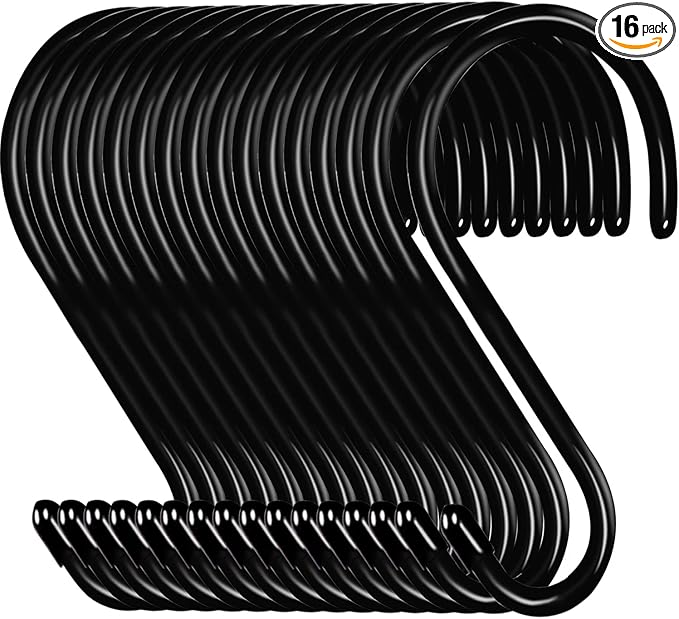 16 Pack 6 Inch S Hook, Large Vinyl Coated S Hooks Heavy Duty, Steel Metal Black Rubber Coated S Shaped Hooks, Non Slip Closet Hooks for Hanging Clothes,Plants,Jeans,Pans,Pots,Towel,Jeans,Bags,Cups