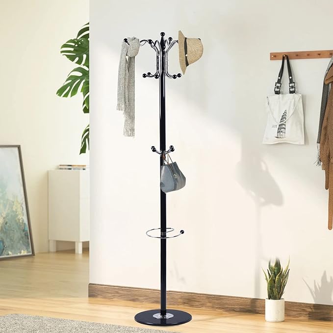 67" Metal Coat Rack Stand Satin Steel Marble Base with 16 Hooks Metal Tree Hat Rack & Coat Hanger Floor Standing Clothes Rack High-Grade Wall Bedroom Hall Entryway Organizer Storage,Black