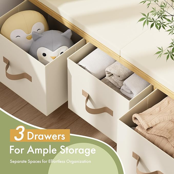 Storage Bench, 43.3" Bamboo Storage Chest with 3 Drawers, Entryway Bench with Cushioned Seat, End of Bed Bench with Storage Toy Box, Toy Chest Storage Bench for Entryway, Living Room, Bedroom