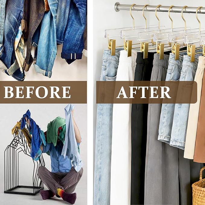 Besser Gold Acrylic Hangers,10 Pack Clear Hanger with Gold Hook,Luxurious Skirt Pants Hangers Clips for Clothing Closet Storage