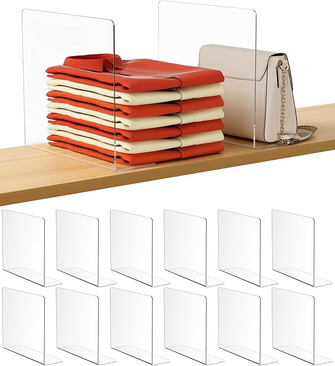 HBlife Acrylic Shelf Dividers for Closet Organization, 12 Pack Clear Sturdy Separate Closet Dividers for Shelves, Adjustable Purse Organizer for Sweater, Shirts, Handbags, Books in Bedroom and Kitchen